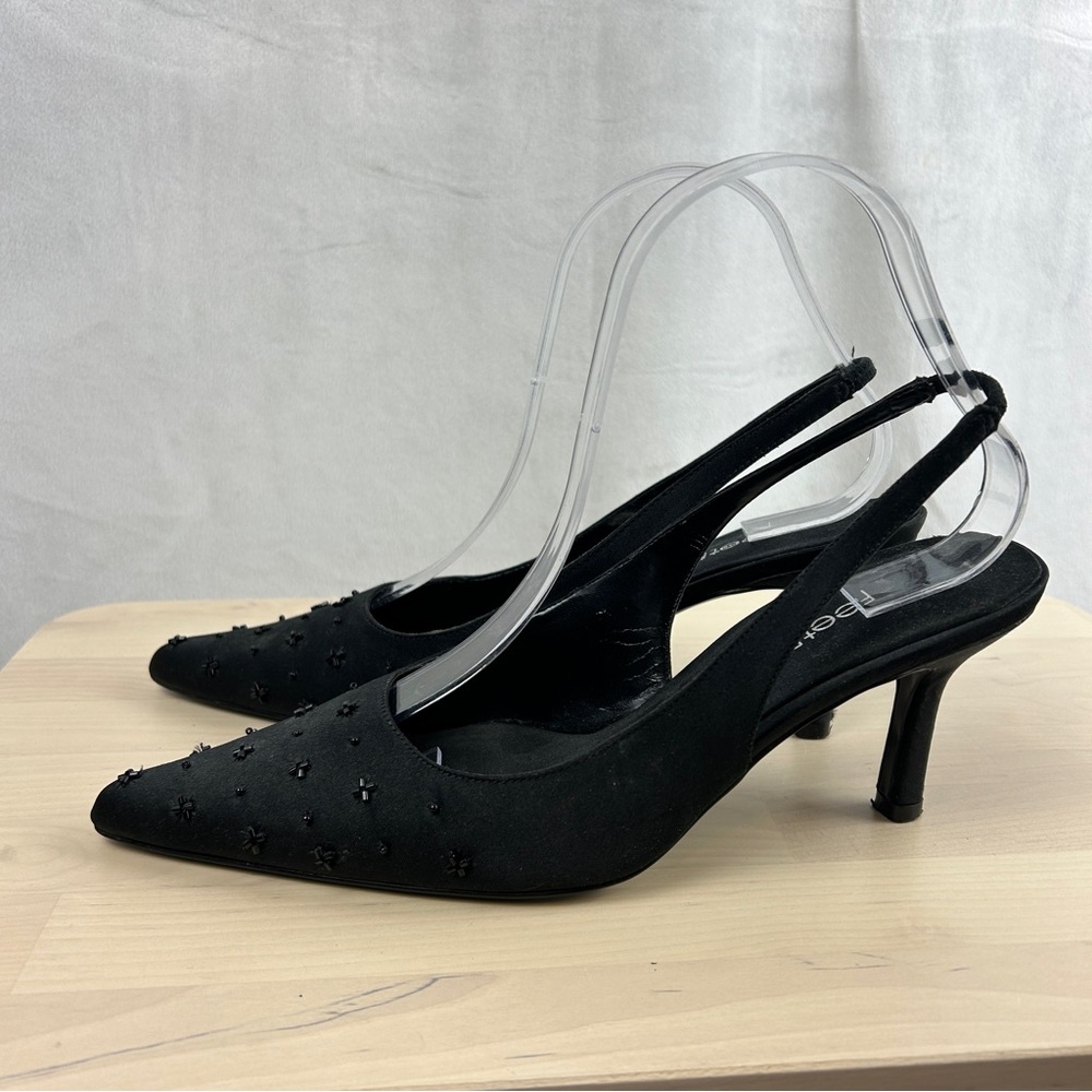 VINTAGE 90s Y2K Feet First Slingback 3" Heels Size 7 Beaded Black Pointed Toe